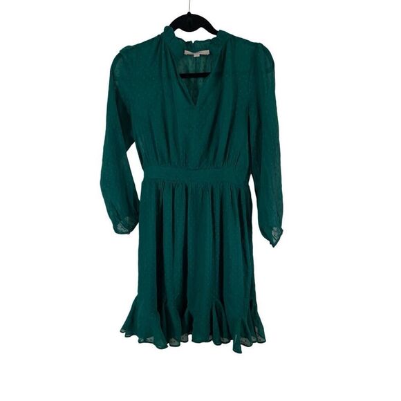 Loft Clip Godet Flare Dress SZ 0 Swiss Dot Mature Classy Cocktail Long Sleeve - Picture 2 of 7